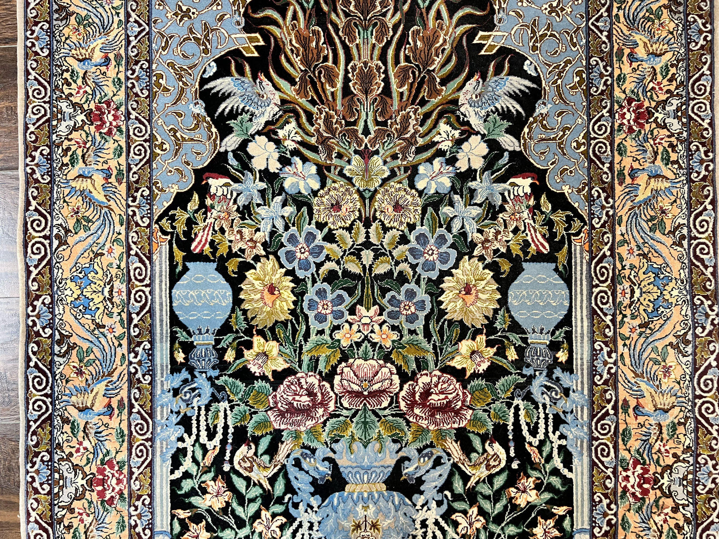 Persian Isfahan Rug 3.7x5 Kork Wool On Silk Tree Of Life Vase Peacocks Very Fine 460 KPSI