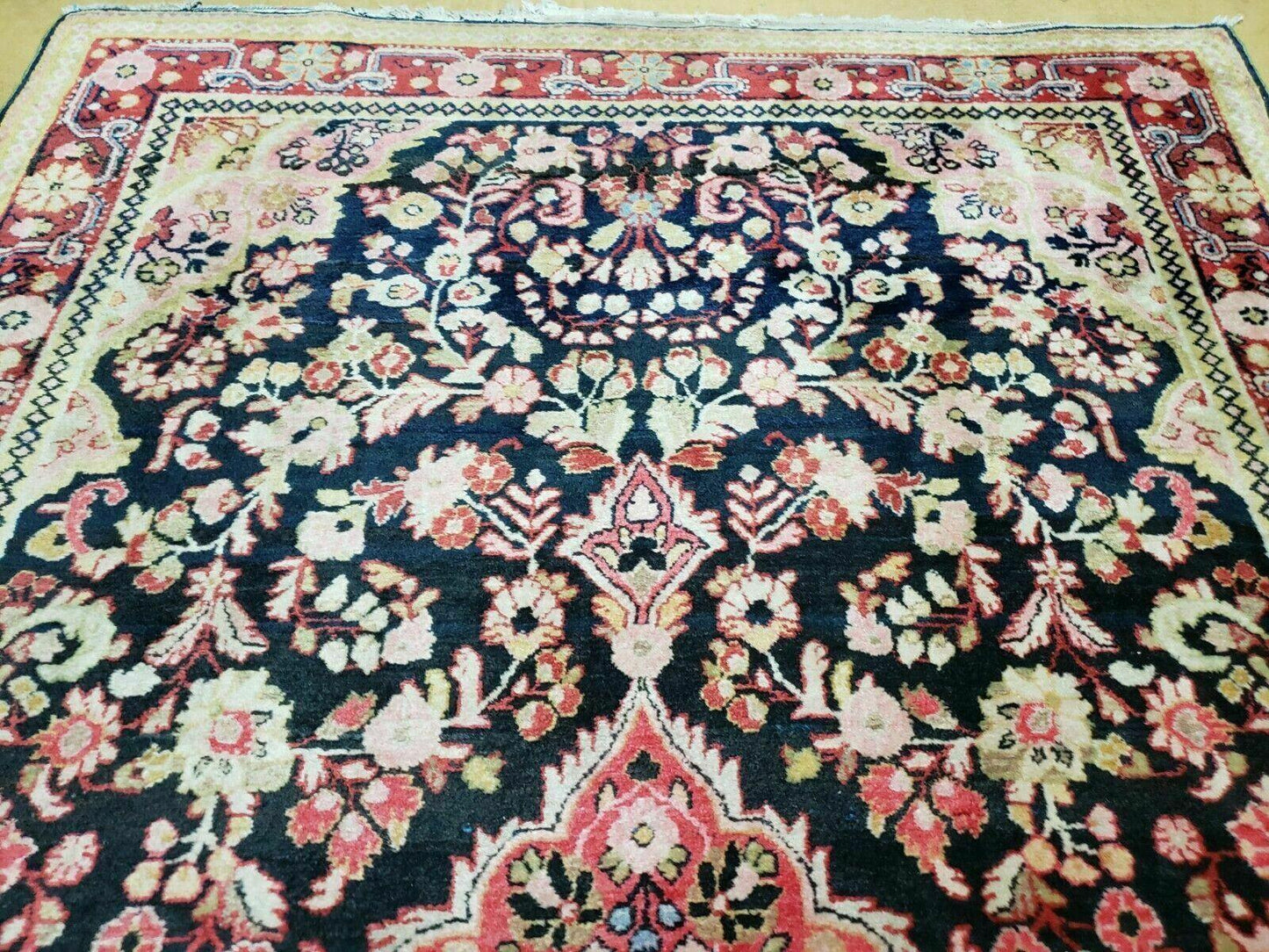 Antique Handmade India Floral Oriental Wool Rug 4x6 Full Pile Blue