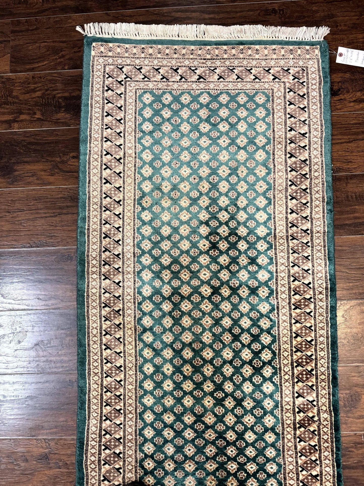 Long Pakistani Runner Rug 2.8 x 20, Hand Knotted Vintage Wool Hallway Rug, Turkoman Rug, Teal and Tan, Handmade Vintage Wool Runner