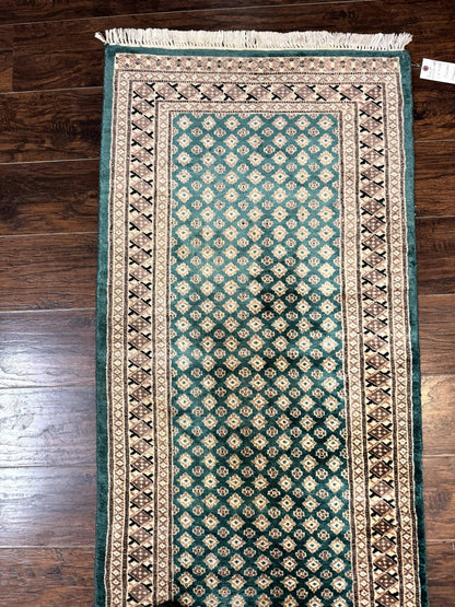 Long Pakistani Runner Rug 2.8 x 20, Hand Knotted Vintage Wool Hallway Rug, Turkoman Rug, Teal and Tan, Handmade Vintage Wool Runner