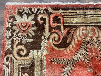 Khotan Rug 5x9 Floral Wool Carpet Terracotta Brown Antique Chinese Handwoven