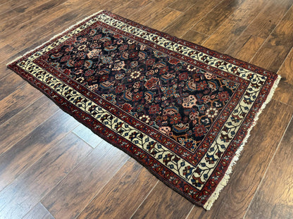 Antique Persian Rug Hamadan 3x6 Navy Blue Ivory Handmade Wool Carpet