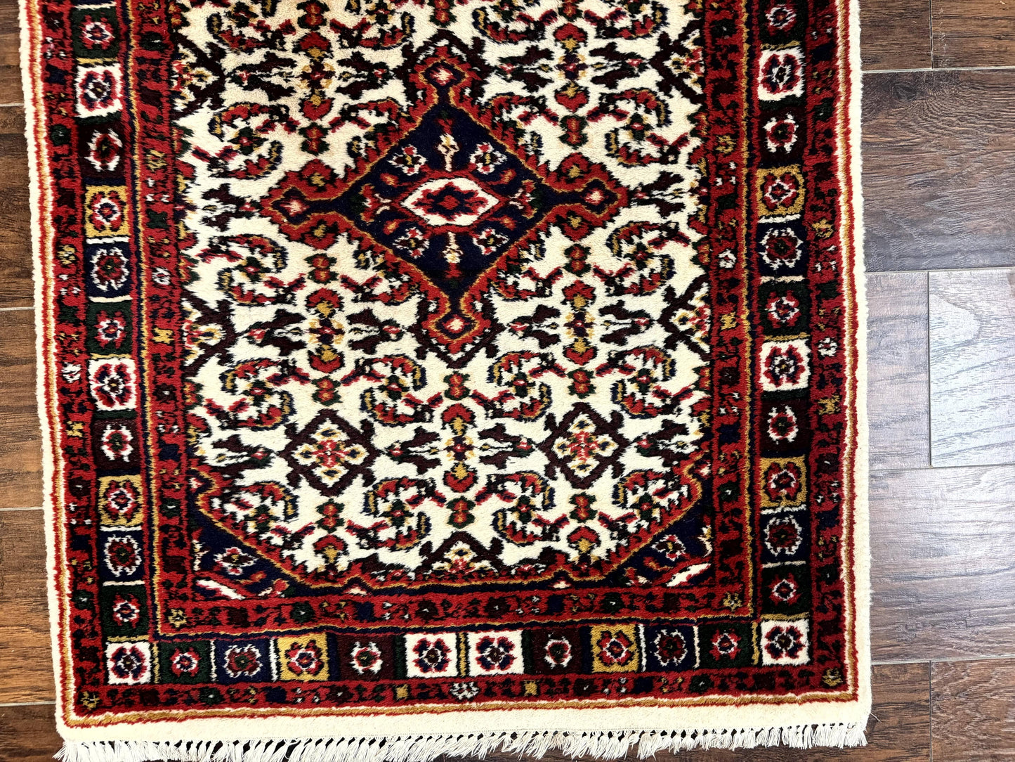 Indo Persian Bidjar Runner Rug 2.8 x 10, Vintage Rug for Hallway, 10ft Runner, Wool Handmade Ivory and Red, Medallions