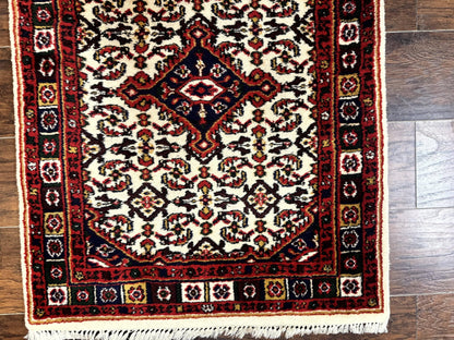 Indo Persian Bidjar Runner Rug 2.8 x 10, Vintage Rug for Hallway, 10ft Runner, Wool Handmade Ivory and Red, Medallions
