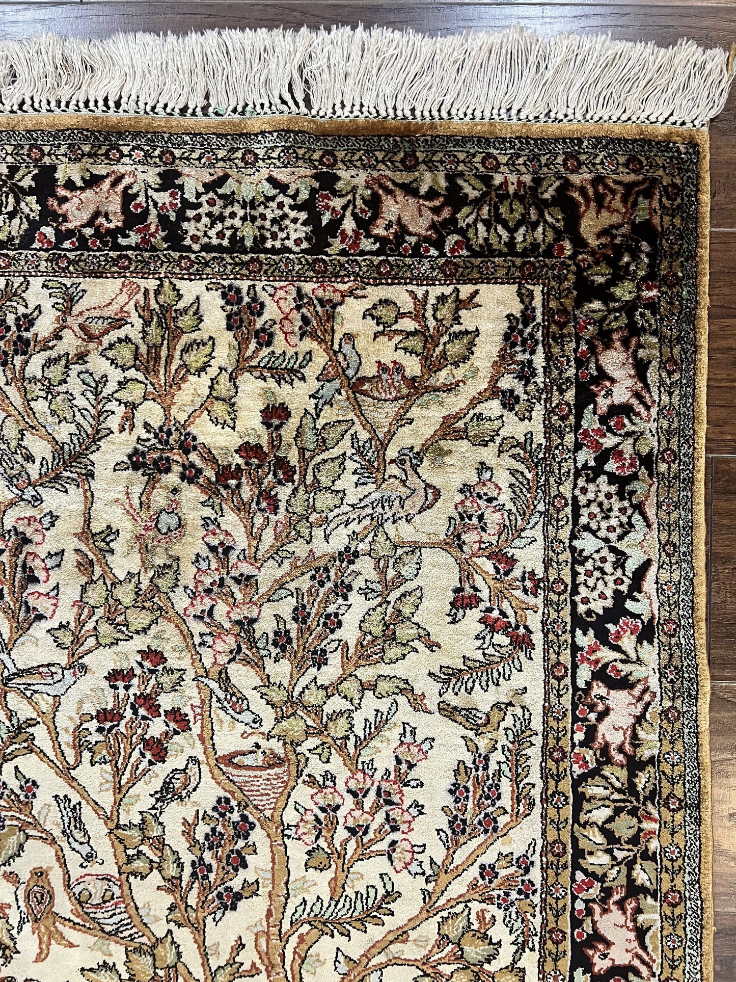 Silk Tree of Life Persian Qum Rug 3x4, Hand Knotted Vintage Carpet, Cream & Black, Very Fine Oriental Rug, Animal Pictorials, Birds