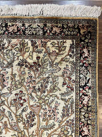 Silk Tree of Life Persian Qum Rug 3x4, Hand Knotted Vintage Carpet, Cream & Black, Very Fine Oriental Rug, Animal Pictorials, Birds