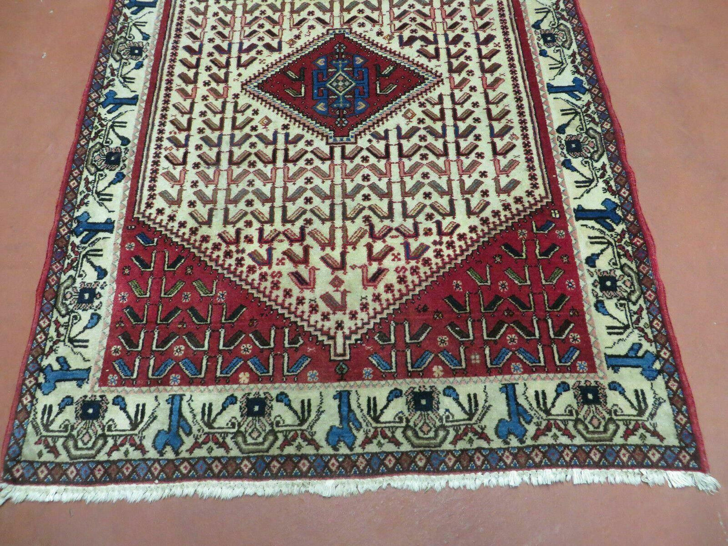 Vintage Handmade Wool Rug India Geometric Oriental Birds Ivory Red 3x5