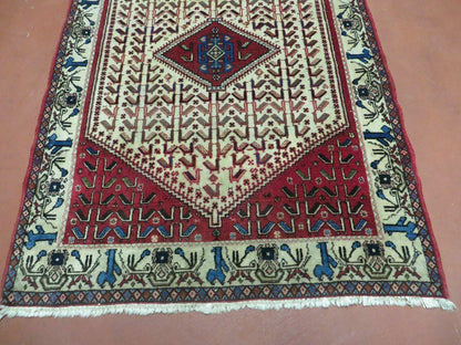 Vintage Handmade Wool Rug India Geometric Oriental Birds Ivory Red 3x5