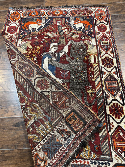 Persian Shiraz Pictorial Rug Antique Handmade Wool Lions Tribal Rug 3.6 by 5