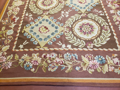 Aubusson Rug 6x9 Handmade Wool Flat Weave With Floral European Design