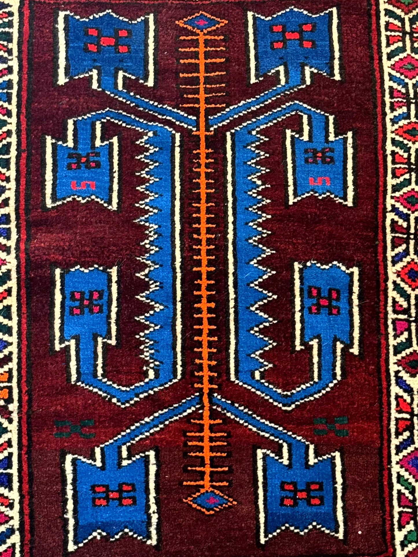 Persian Baluchi Rug Small Geometric Burgundy And Blue Design