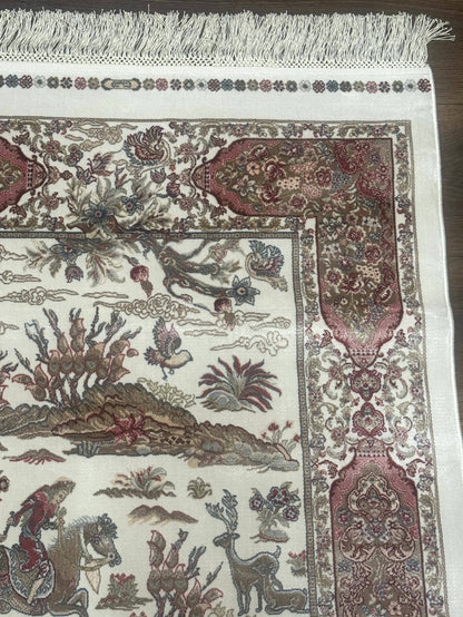 Turkish Silk Runner Rug 2.6 x 8, Hunting Design, Ivory, Bamboo Silk, New