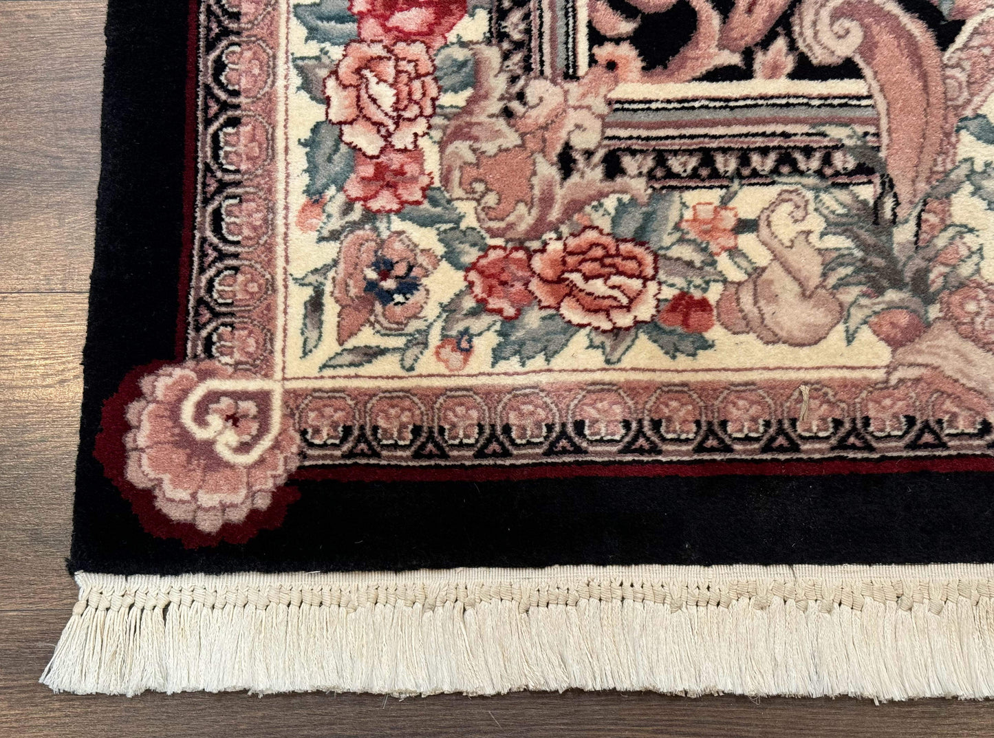 Aubusson Rug 4x6 Hand Knotted Wool Elegant European Floral Design Black Ivory Area Rug