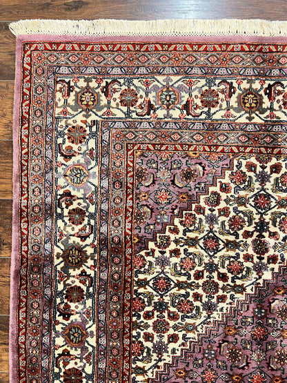 Indo Persian Bidjar Rug 8x10, Purple and Ivory Hand Knotted Wool Vintage Oriental Carpet, Herati Mahi Pattern, 8 x 10 Traditional Fine Rug