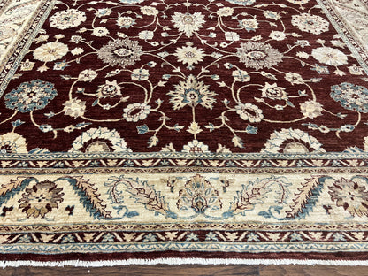 Peshawar Rug 9x11, Pakistani Oriental Carpet, Maroon and Beige, Floral Allover, Wool Hand Knotted Handmade Vintage Rug