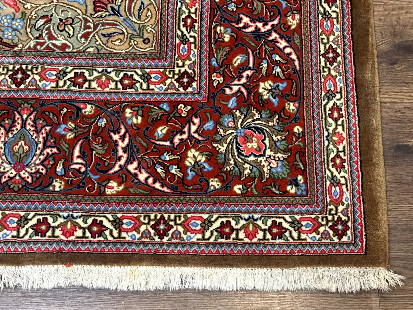 Persian Qum Rug 7x11 Beige Red Floral Medallion 260 KPSI Hand Knotted