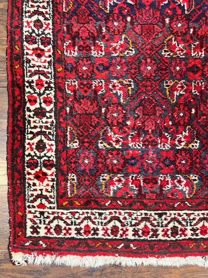 Persian Tribal Runner 3 x 9, Hamadan Dargazin Rug, Dark Blue and Red Wool Hand Knotted Hallway Rug, Vintage Antique Oriental Runner, 9ft Long Runner, Herati