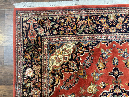 Indo Persian Rug 7x10 Vintage Handmade Wool Carpet Floral Medallion Red And Midnight Blue