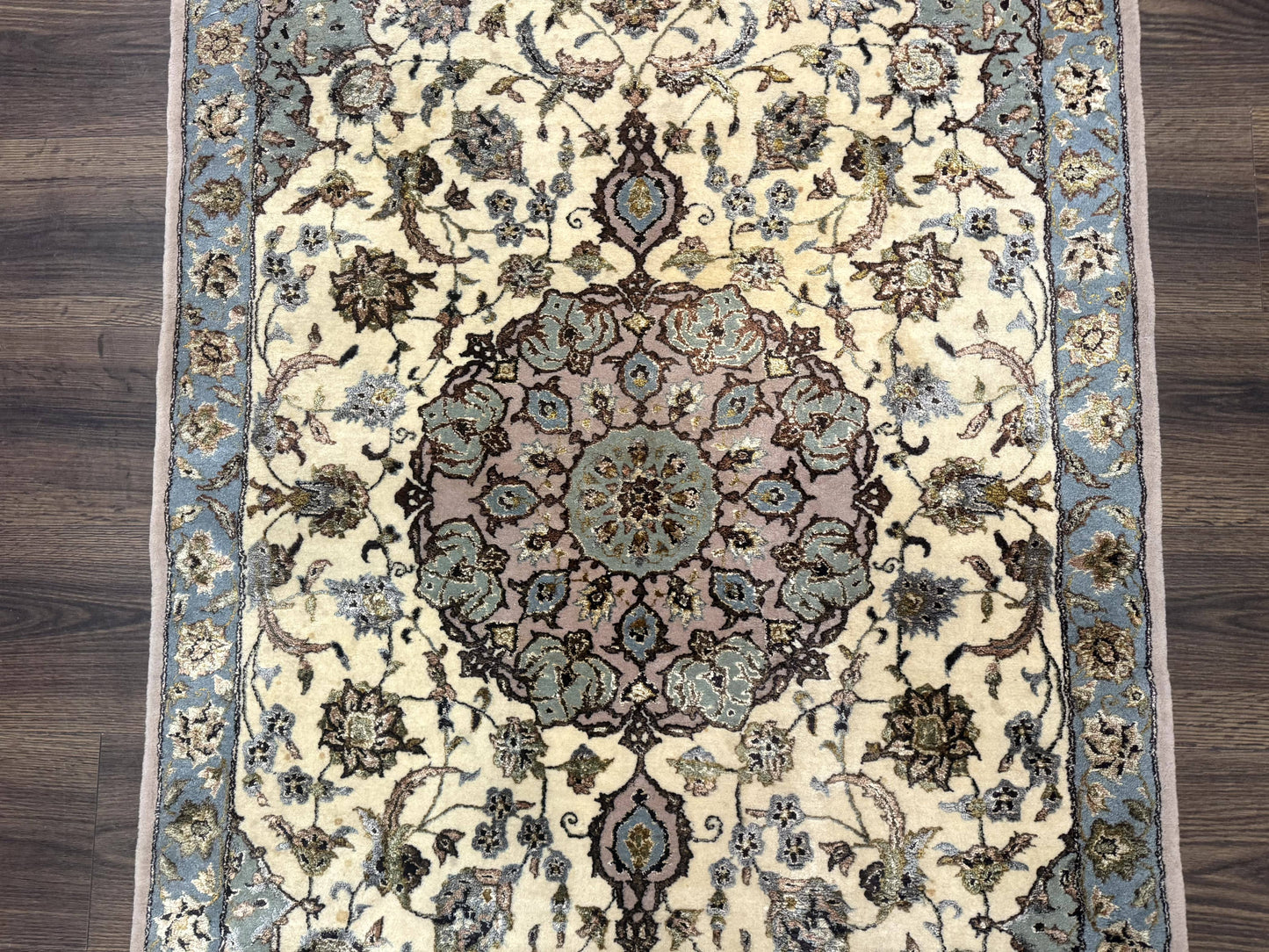 Persian Isfahan Rug 3x5, Fine 310 KPSI, Kork Wool Silk Foundation, Cream & Light Green