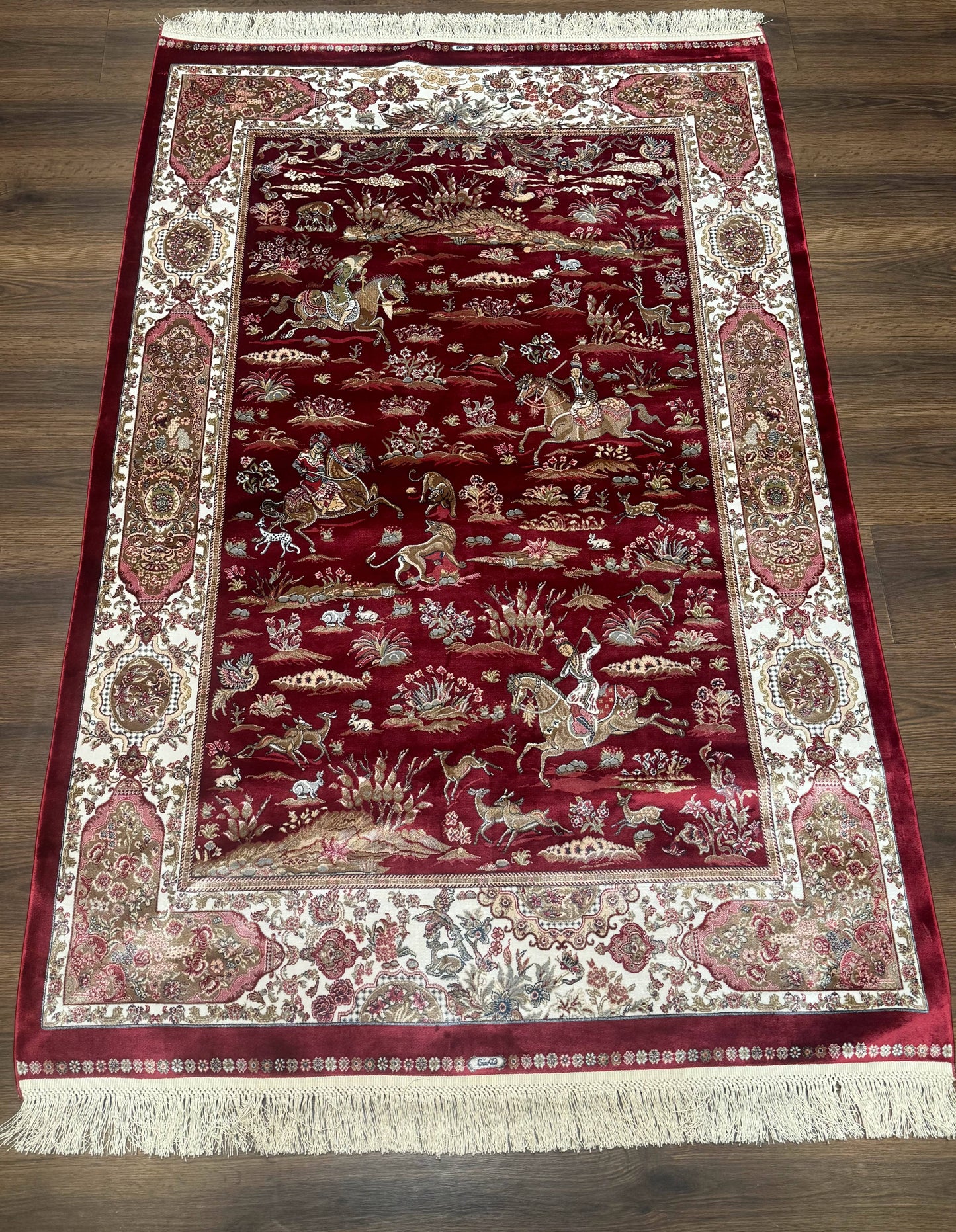 Turkish Silk Hunting Design Rug 4x6 Bamboo Silk Dark Red Ivory
