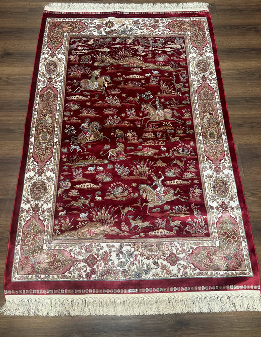 Turkish Silk Hunting Design Rug 4x6 Bamboo Silk Dark Red Ivory