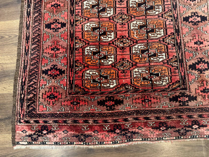 Antique Turkoman Rug 3.7 x 6.7, Red, Wool Runner Rug