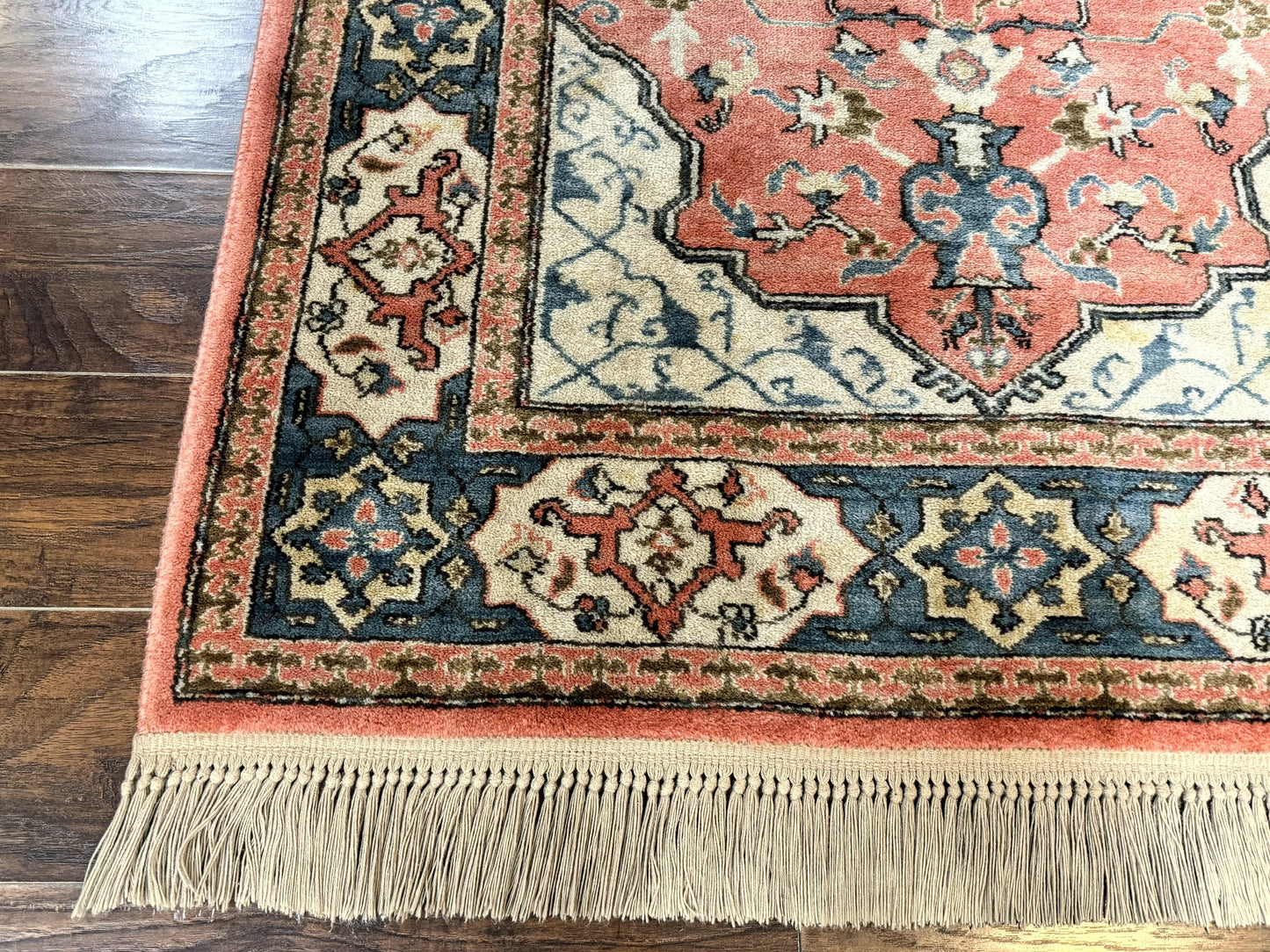 Karastan Rug 4x6 Bergama Design #737, Karastan Area Rug, Vintage Wool Karastan Carpet, Original Collection 700 Series, Salmon Red Light Blue