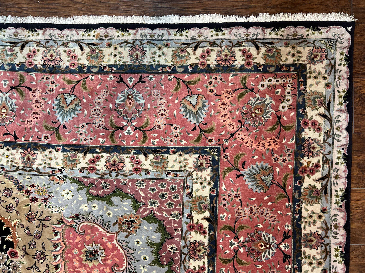 Persian Tabriz Rug 11x16 Hand Knotted Wool On Silk Floral Medallion Black Pink