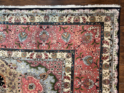 Persian Tabriz Rug 11x16 Hand Knotted Wool On Silk Floral Medallion Black Pink