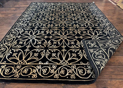 Tibetan Rug 8x10 Wool Silk Handmade With Raised Pattern Black And Gold Floral