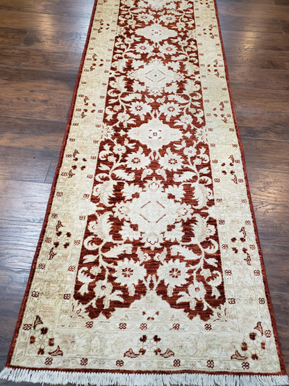 21 ft Runner Rug Long Hallway Runner, 3 x 21 Corridor Rug, Peshawar Pak Persian Chobi Agra Rug, Maroon and Beige Large Flowers Wool Handmade