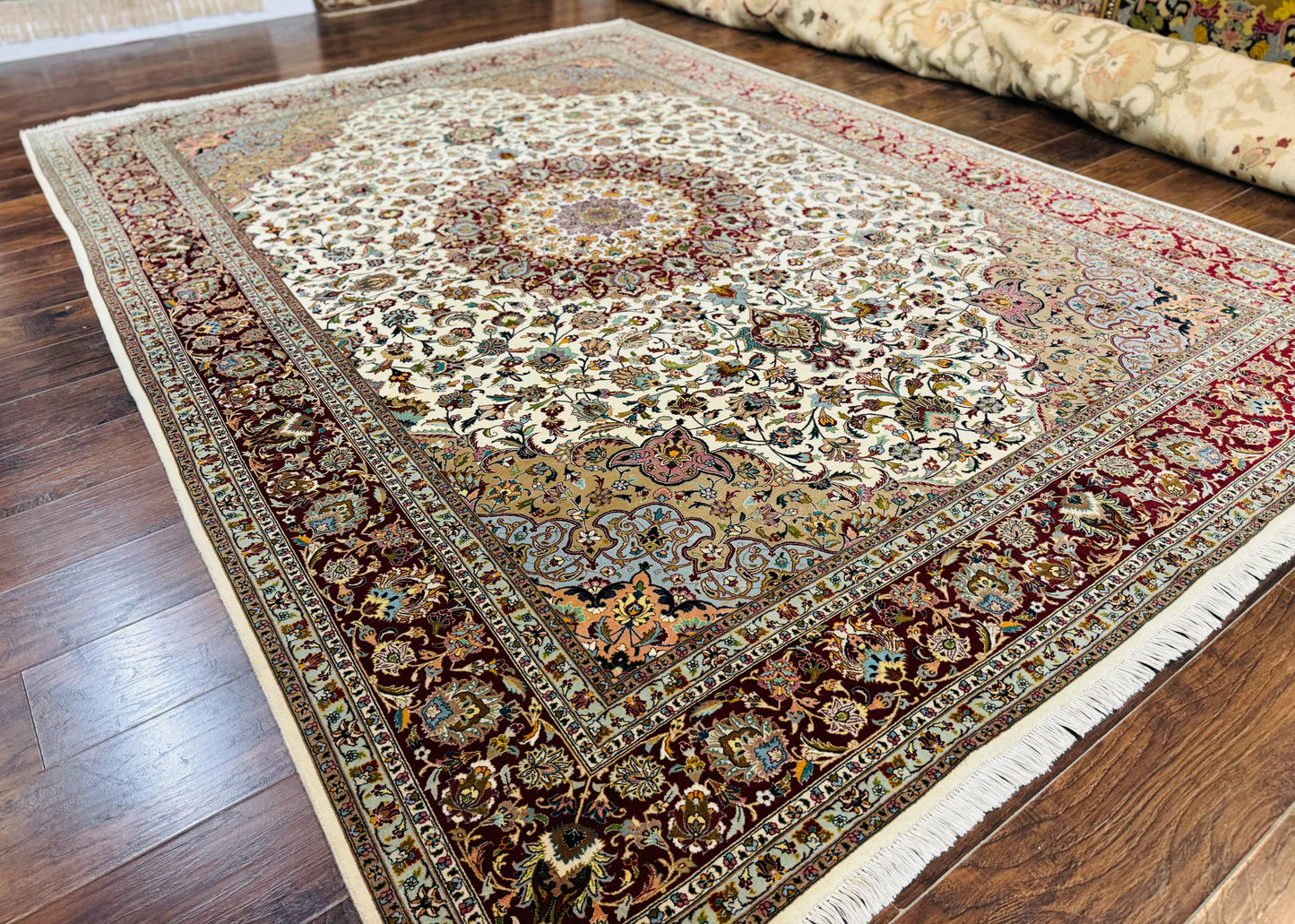Persian Tabriz Rug Hand Knotted 8x11 Floral Medallion Traditional Area Rug Fine Wool 300 KPSI Ivory Maroon