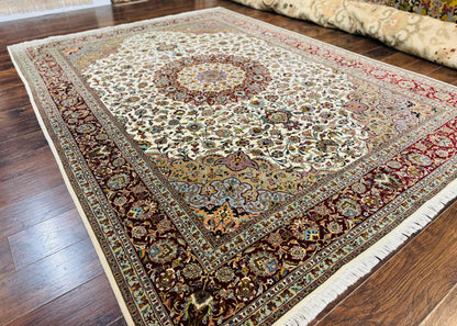 Persian Tabriz Rug Hand Knotted 8x11 Floral Medallion Traditional Area Rug Fine Wool 300 KPSI Ivory Maroon
