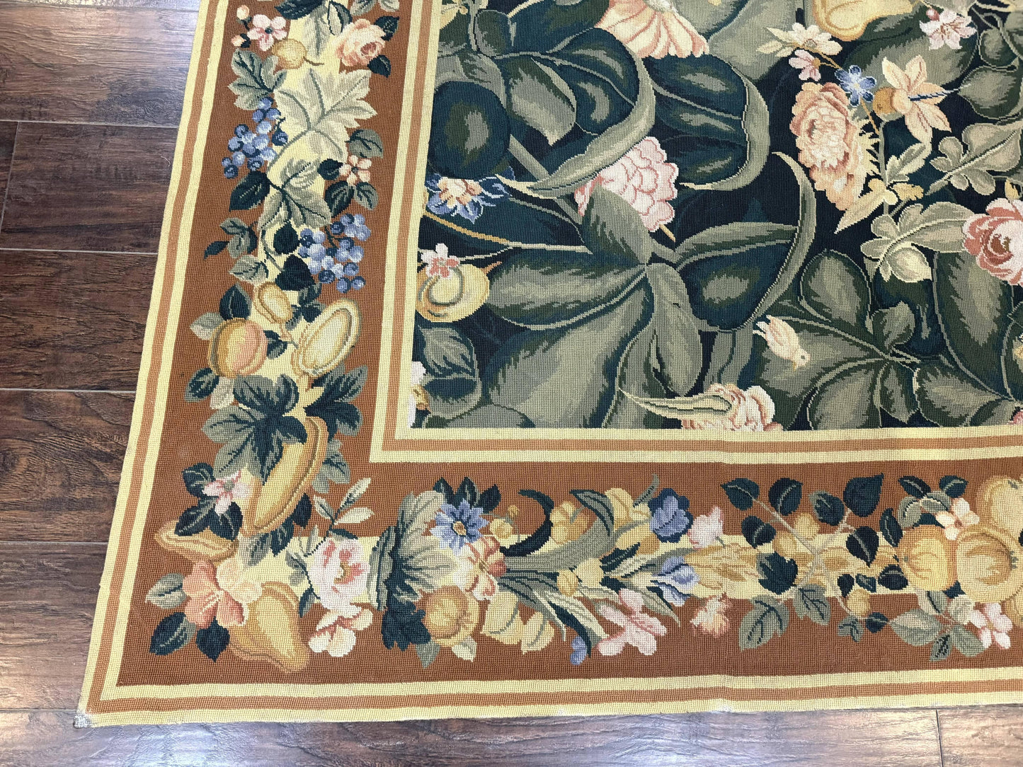 Needlepoint Rug 8x10, Vintage, Handmade, Wool, Green, Leaves & Fruits