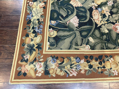 Needlepoint Rug 8x10, Vintage, Handmade, Wool, Green, Leaves & Fruits