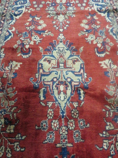 Persian Runner Rug 3 x 12, Antique Wool Oriental Runner, Floral Vases, Red & Navy Blue