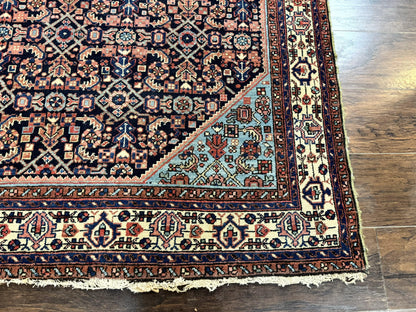 Antique Persian Rug Handmade Wool 5 by 6.7 Feet Navy Blue and Ivory Hamadan Angelas
