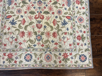 Hand Stitched Indian Rug Floral Vintage Wool Area Rug 4x5 Hand Embroidered