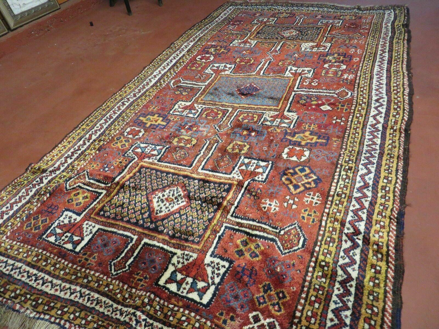 Antique Moroccan Hand Knotted Runner Rug Three Foot Seven Inch By Eight Foot Nine Inch Red Tribal Geometric