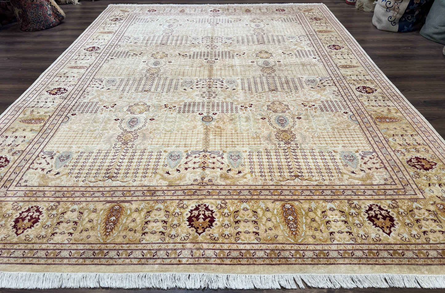 Pakistani Carpet 9x12, Finely Hand Knotted 270 KPSI, Cream, Allover Pattern