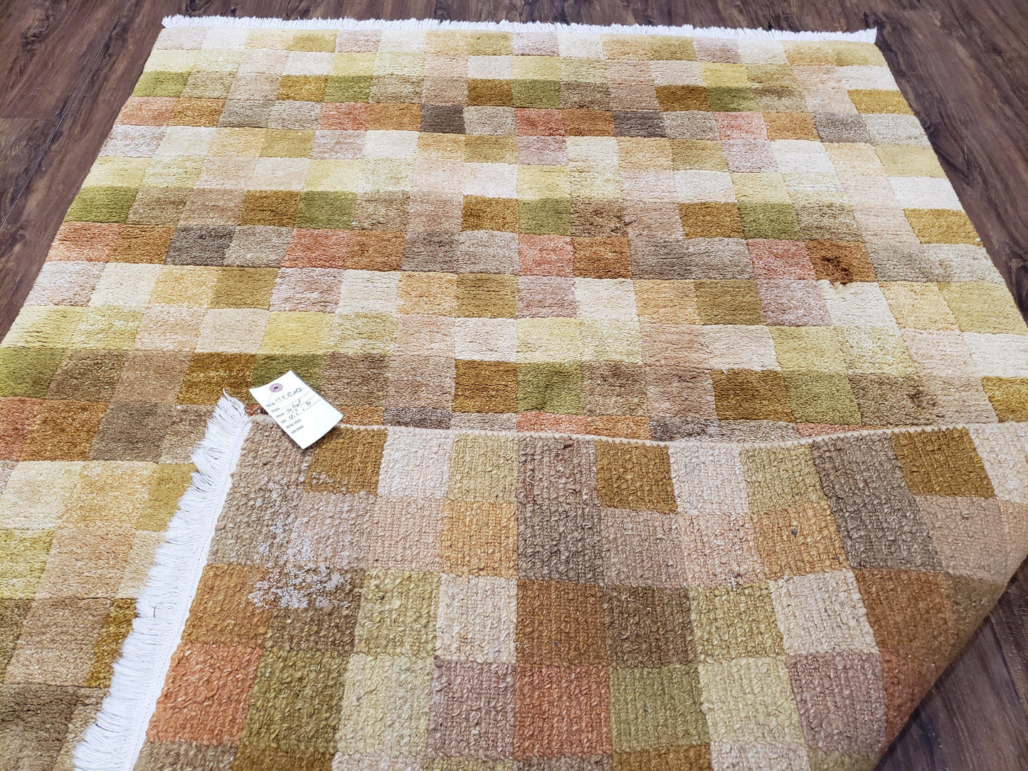 Tibetan Rug 4x6 Modern Abstract Handmade Area Rug With Checkerboard Pattern Ivory Gold Tan