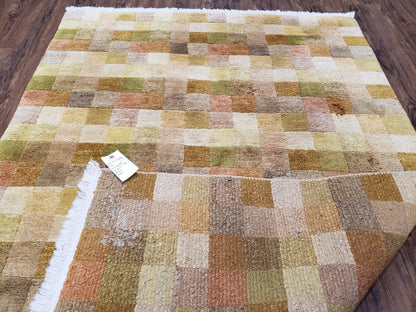 Tibetan Rug 4x6 Modern Abstract Handmade Area Rug With Checkerboard Pattern Ivory Gold Tan