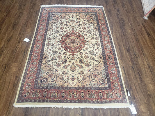 Handmade Pakistani Floral Wool Rug 4x6 Vegetable Dyes Carpet Beige Salmon