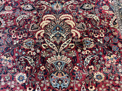 Antique Persian Mashad Rug 10x12 Hand Knotted Signed By Master Weaver Red Ivory Wool