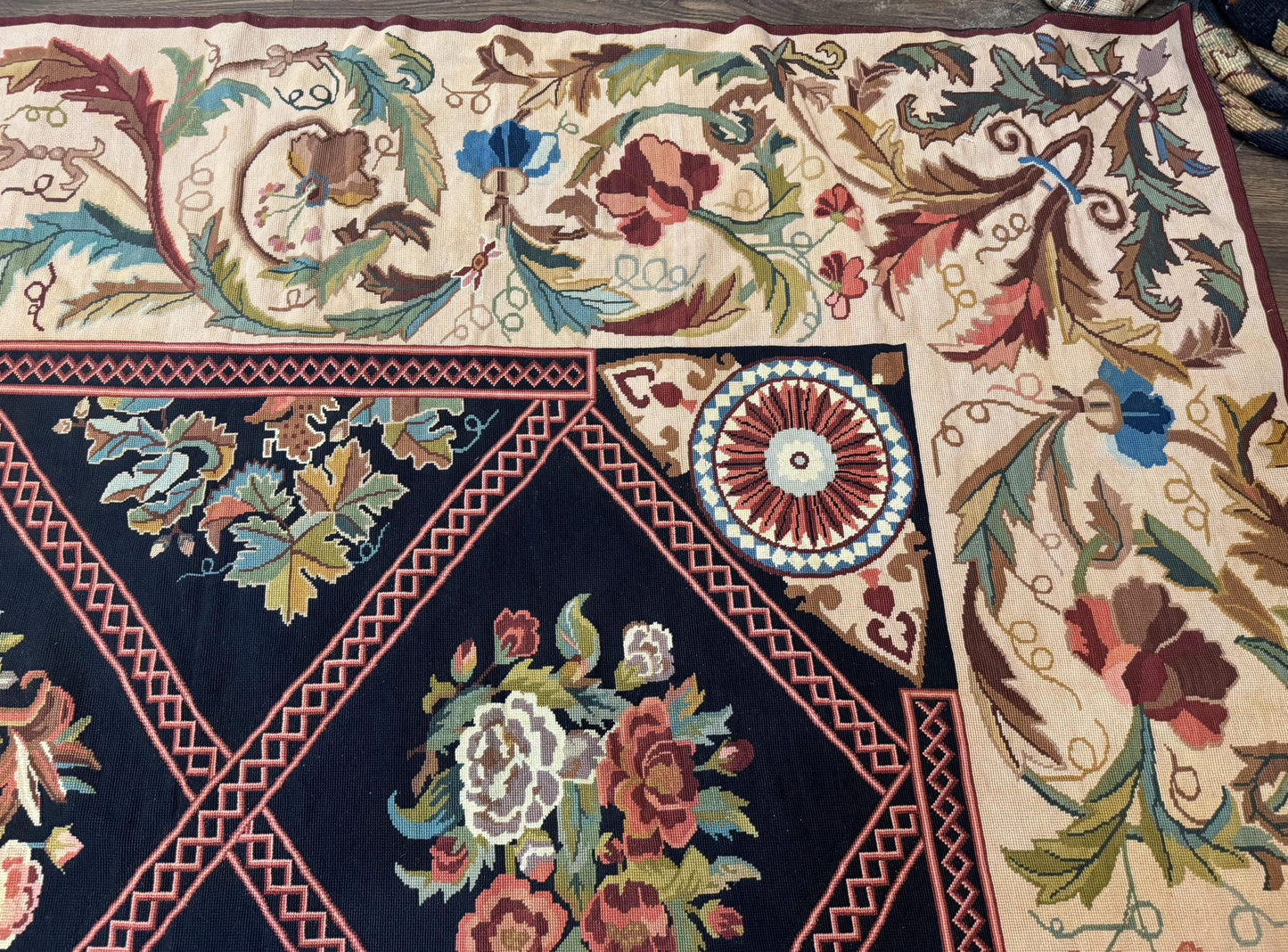 Palace Size Needlepoint Rug 12x20, European French English Aubusson Floral Design, Black and Beige