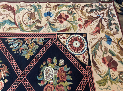 Palace Size Needlepoint Rug 12x20, European French English Aubusson Floral Design, Black and Beige