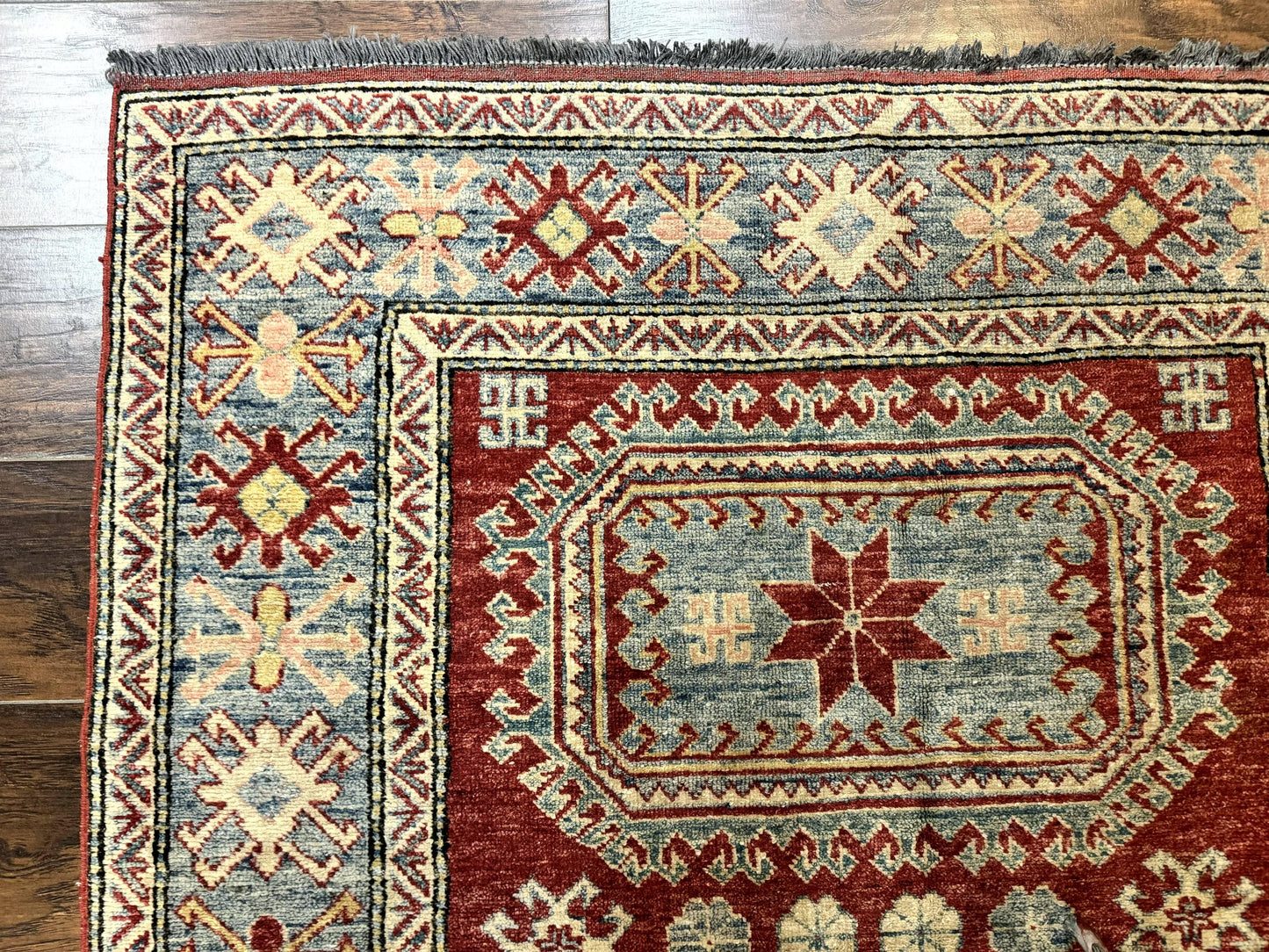 Turkish Kazak Rug Handmade Vintage Wool Carpet Geometric Design Red And Light Blue