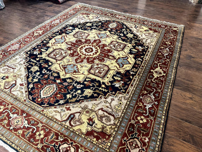 Indo Persian Heriz Rug 8x10, Geometric Medallion, Serapi Carpet, Wool Vintage Rug