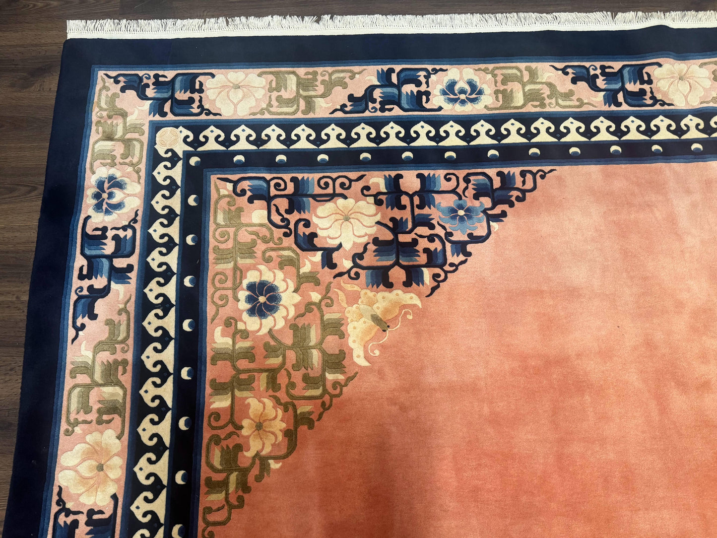 Chinese Wool Rug 11X18 Peking Style Open Field Peach and Blue Art Deco Handmade Carpet
