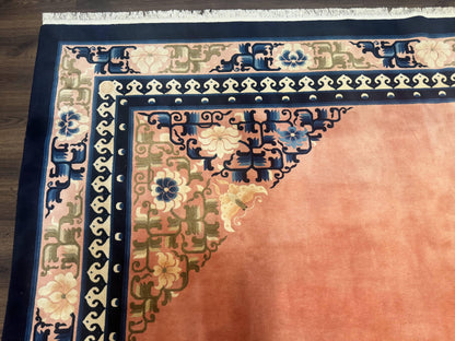 Chinese Wool Rug 11X18 Peking Style Open Field Peach and Blue Art Deco Handmade Carpet